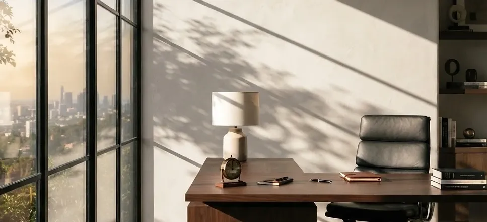 Sunlit attorney&rsquo;s office with a walnut desk, lamp and leather chair overlooking the city